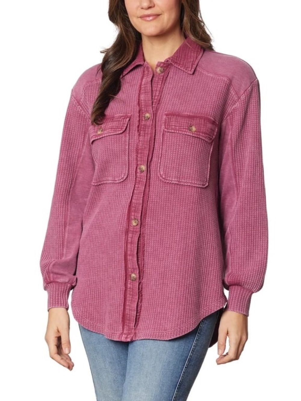 BRIGGS Relaxed Waffle-Knit Button-Front Shirt Dark Pink Small